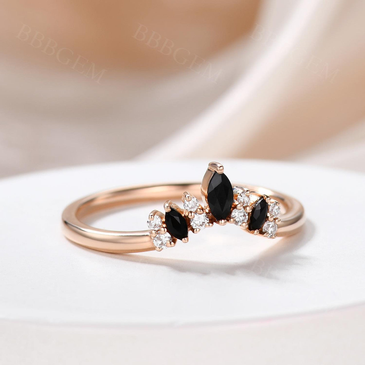 Elegant Marquise & Round Cut Black Spinel Diamond Wedding Band for Women - Curved Stackable Ring for Bridal, Anniversary & Special Occasions