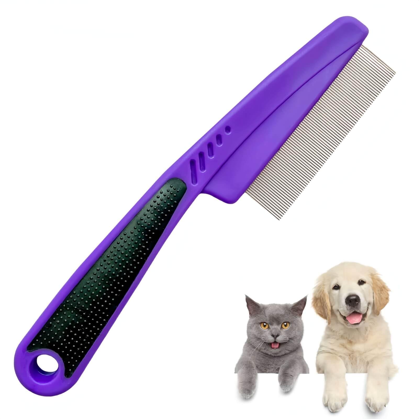 Yumflan Flea Comb for Dogs & Cats - Professional Fine Teeth Grooming Comb with Ergonomic Rubber Handle (Purple) | Gentle Pet Care for Flea Removal, Detangling & Daily Grooming at Home