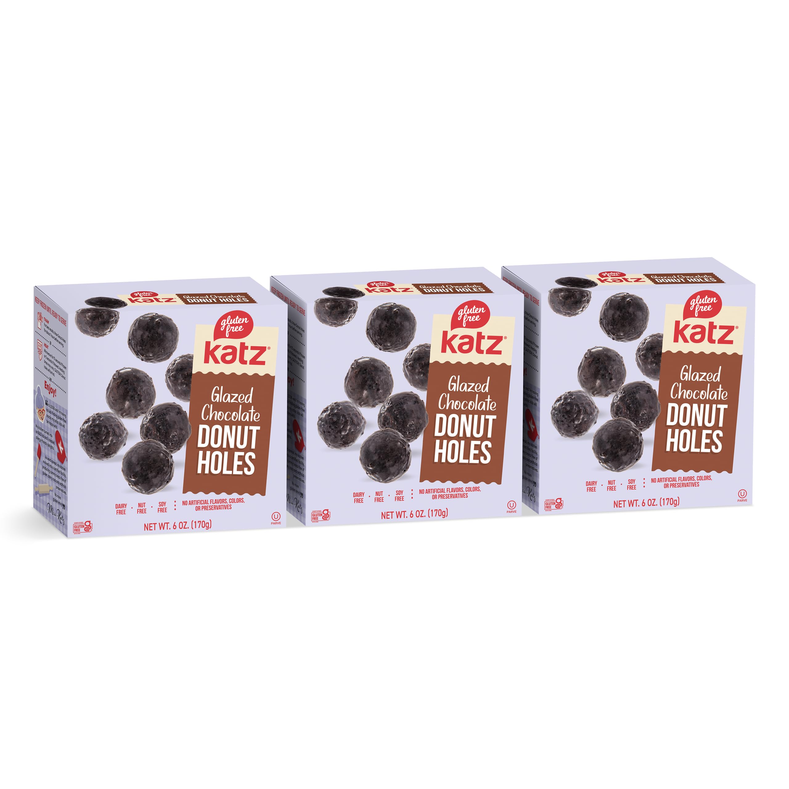 Katz Gluten Free Glazed Chocolate Donut Holes - Dairy Free, Nut Free, Soy Free, Kosher Certified (3 Packs, 6oz Each) - Perfect for Snacks, Parties & Celiac-Friendly Diets