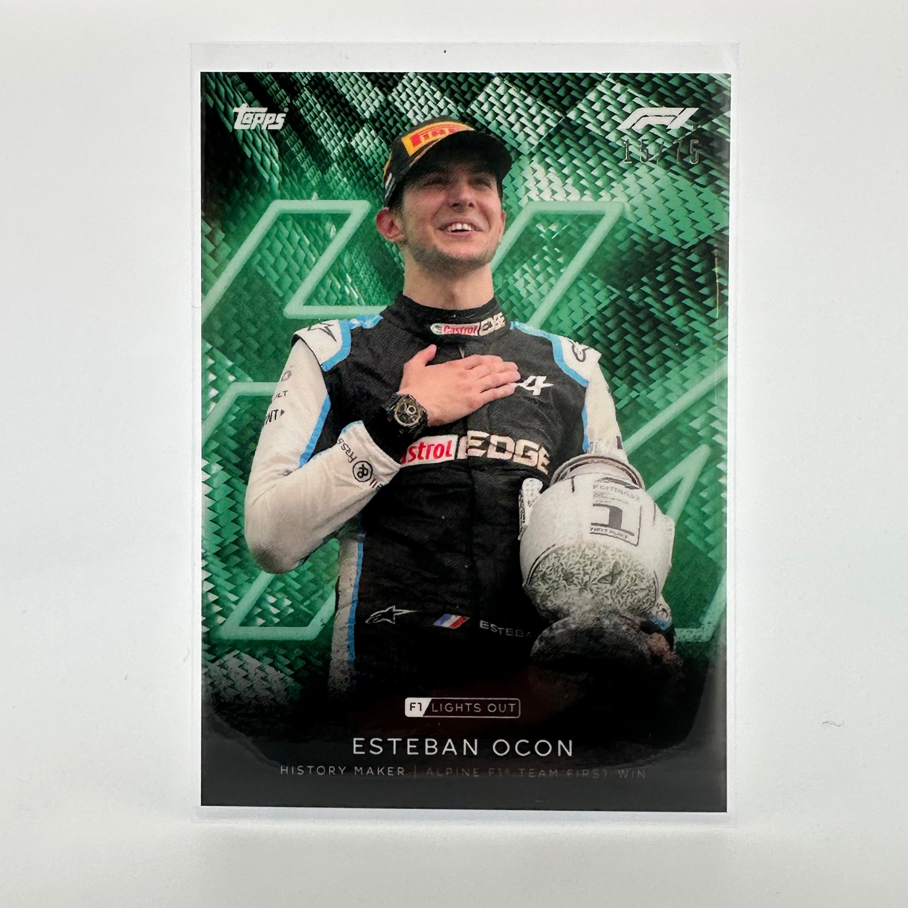 15/75 Esteban Ocon History Maker Green Parallel - F1 Racing Collectible Card for Fans & Memorabilia Enthusiasts