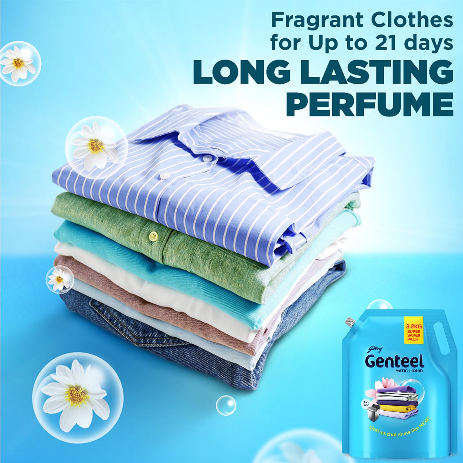 Genteel Matic Liquid Laundry Detergent Refill Pouch 3.2kg (7.05 lbs) - Top Load Washer Safe | No Soda Formula with Built-In Fabric Softener | Ideal for Large Families & Heavy Laundry Loads