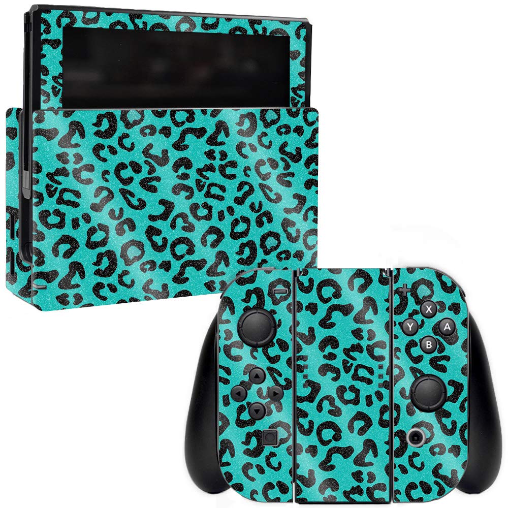 MightySkins Glossy Glitter Skin Cover for Nintendo Switch - Teal Leopard Design | Protective & Durable High-Gloss Finish | Easy to Apply & Remove | Made in USA | Perfect for Gaming, Travel & Customization (GL-NISWI-Teal Leopard)