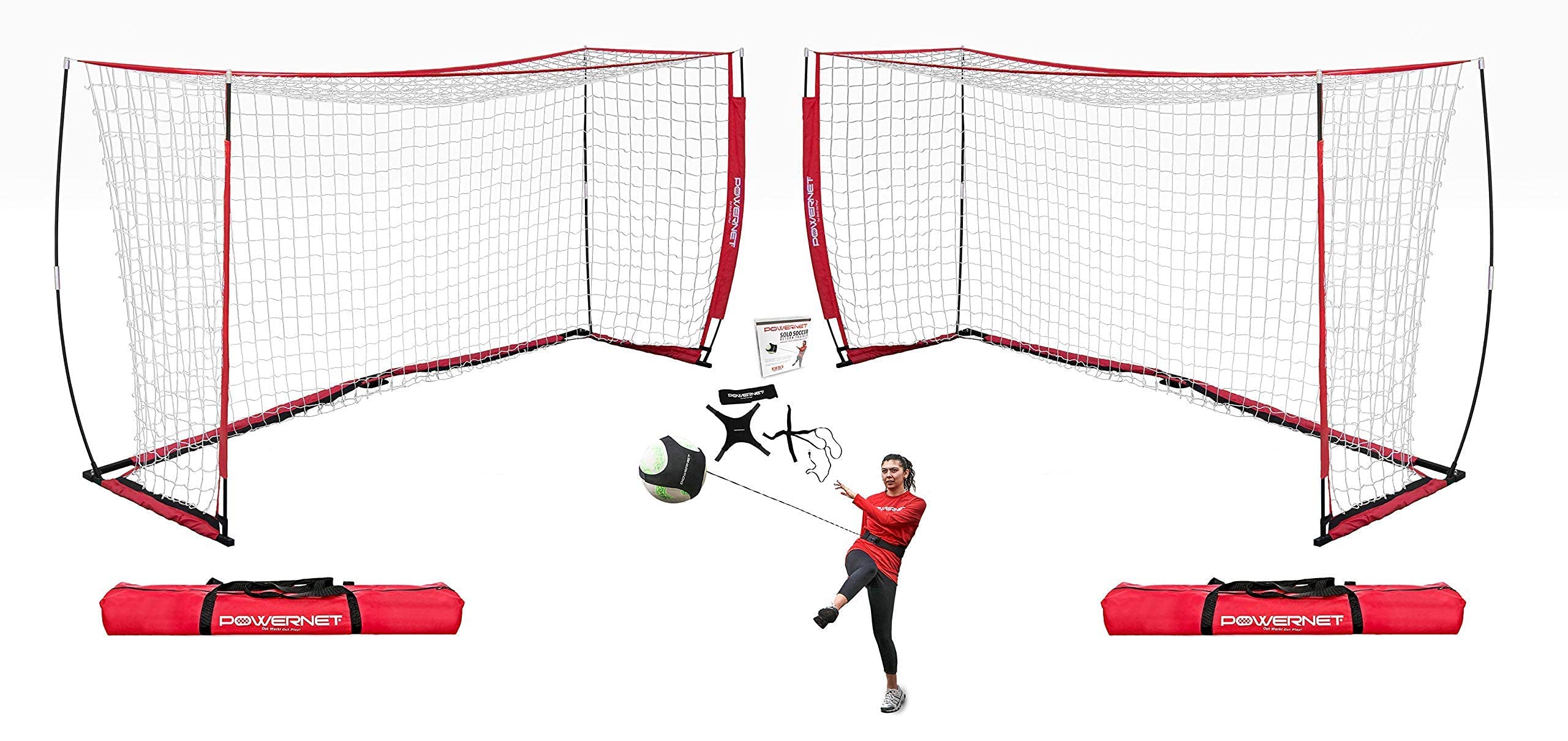 PowerNet Carli Lloyd Gametime Bundle - Dual 12x6 Soccer Goals with Solo Trainer Waist Attachment | Strong & Easy Setup in Minutes | Perfect for Backyard Practice, Team Training & Soccer Drills