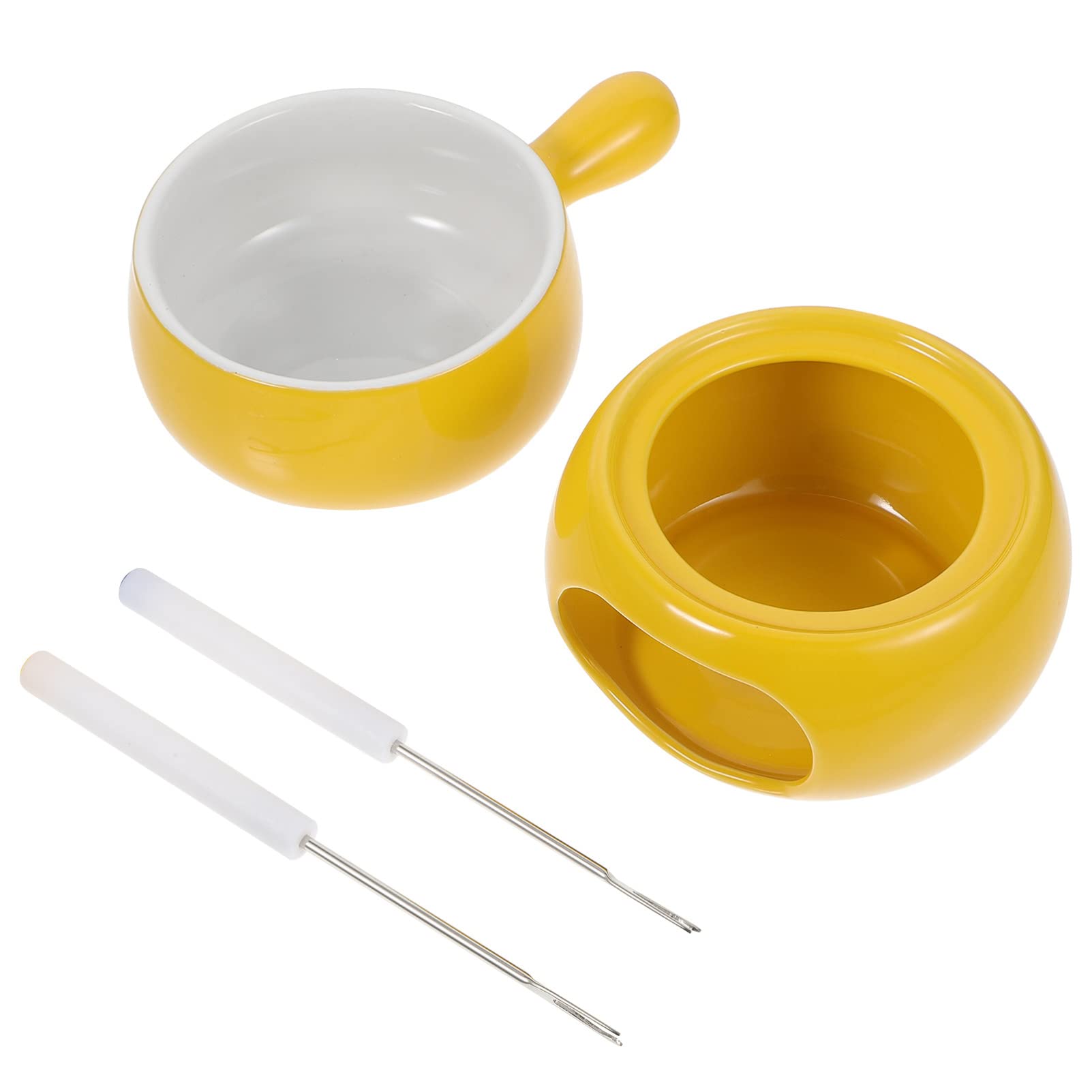Yardwe Porcelain Fondue Pot Set with 2 Stainless Steel Forks - Ceramic Melting Pot for Chocolate, Cheese & Candy (Yellow) | Perfect for Parties, Romantic Dinners & Family Gatherings