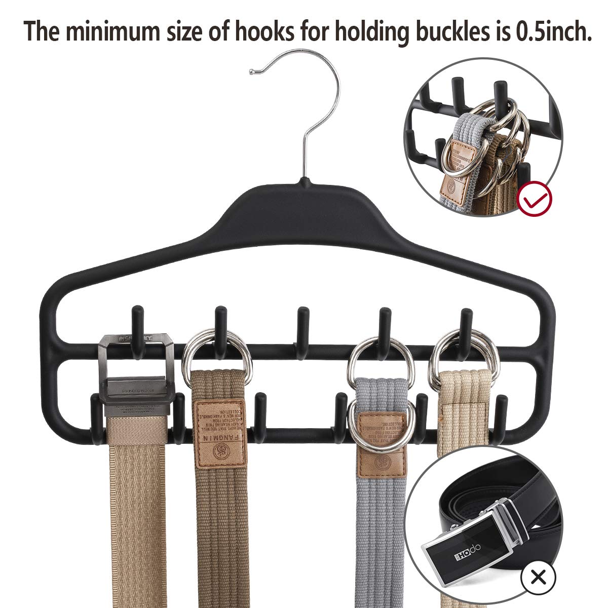 360° Swivel Belt Hanger Rack Holder - 2 Pack Heavy Duty Closet Organizer with 11 Non-Slip Rubberized Hooks, Black (14 x 0.39 x 11 Inch) - Perfect for Closet, Bedroom, Bathroom & Entryway Storage Organization