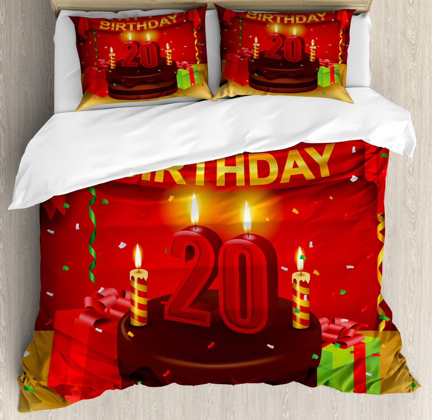 Ambesonne 20th Birthday Duvet Cover Set - 3 Piece California King Bedding with 2 Pillow Shams | Happy Birthday Party Theme with Curtains, Boxes & Flags on Red Backdrop | Perfect for Birthday Decorations, Teen Bedroom & Party Room Decor