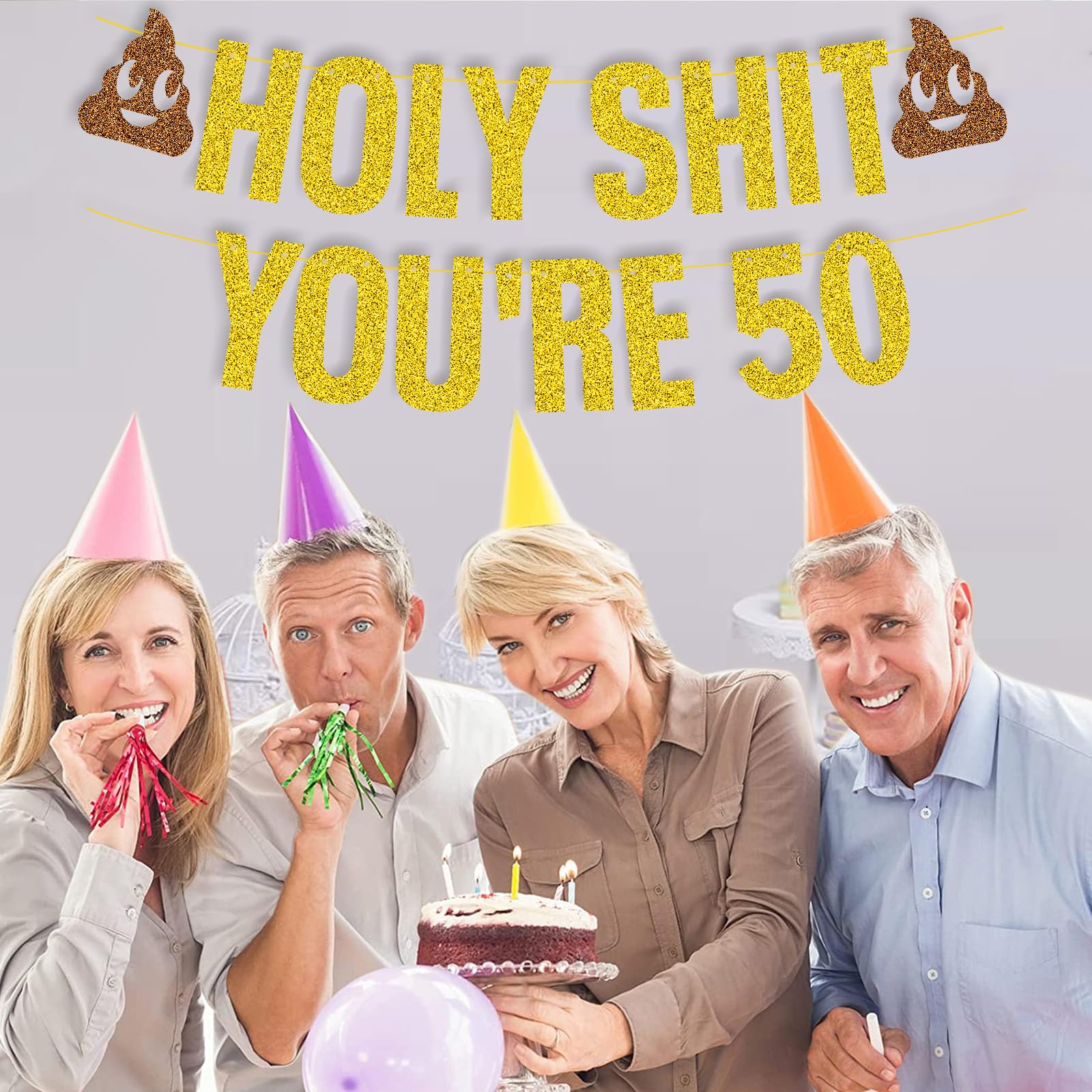 Funny 50th Birthday Banner - Gold Glitter 'Holy Shit You're 50' Party Decoration for 50th Birthday Celebrations, Cheers to 50 Years Sign - Perfect for Milestone Birthday Parties, Surprise Decor & Photo Backdrops