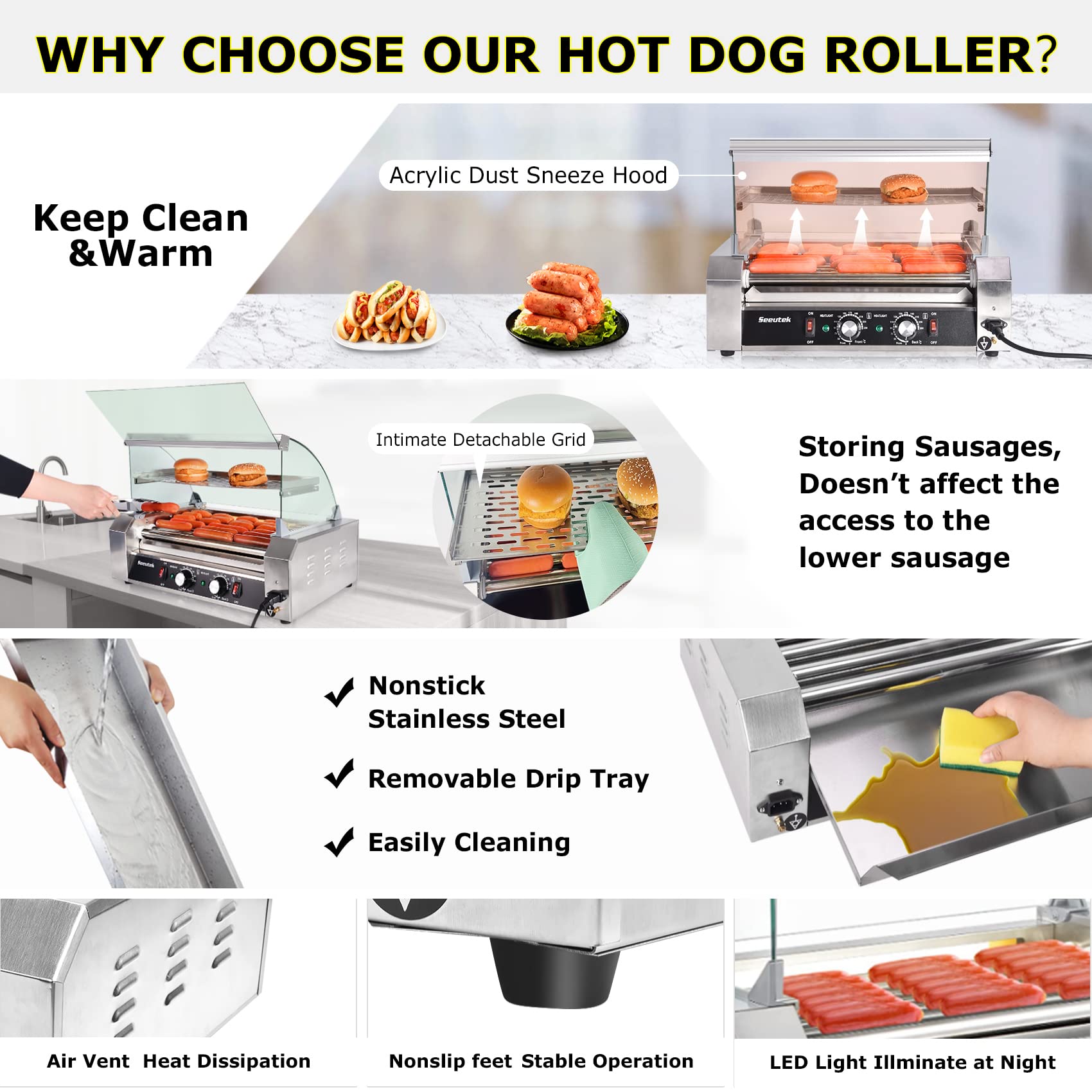 Seeutek 7-Roller Commercial Hot Dog Machine - 24 Hot Dogs Capacity, 1100W Stainless Steel Hot Dog Warmer with LED Light & Dual Temperature Control - Perfect for Restaurants, Carnivals, and Food Trucks - Includes Glass Hood, Acrylic Cover, Removable Drip Tray & Warming Shelf