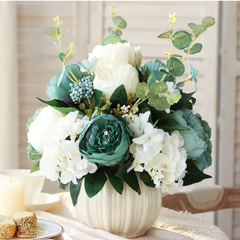 Artificial Peony Flowers Bouquet in Pot - Realistic Fake Floral Arrangement for Dining Table, Coffee Table, Wedding & Home Decor - Blue (Perfect for Centerpieces, Party Decorations and Gift Giving)