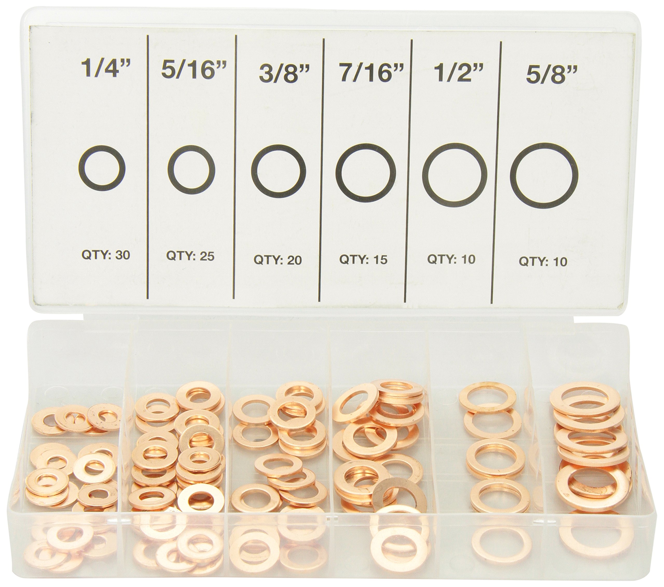 ATD Tools 359 100-Piece Copper Washer Assortment Kit - SAE & Metric Sizes for Automotive, Plumbing & Machinery Repair - Durable, Corrosion-Resistant Sealing Washers for Bolts & Nuts