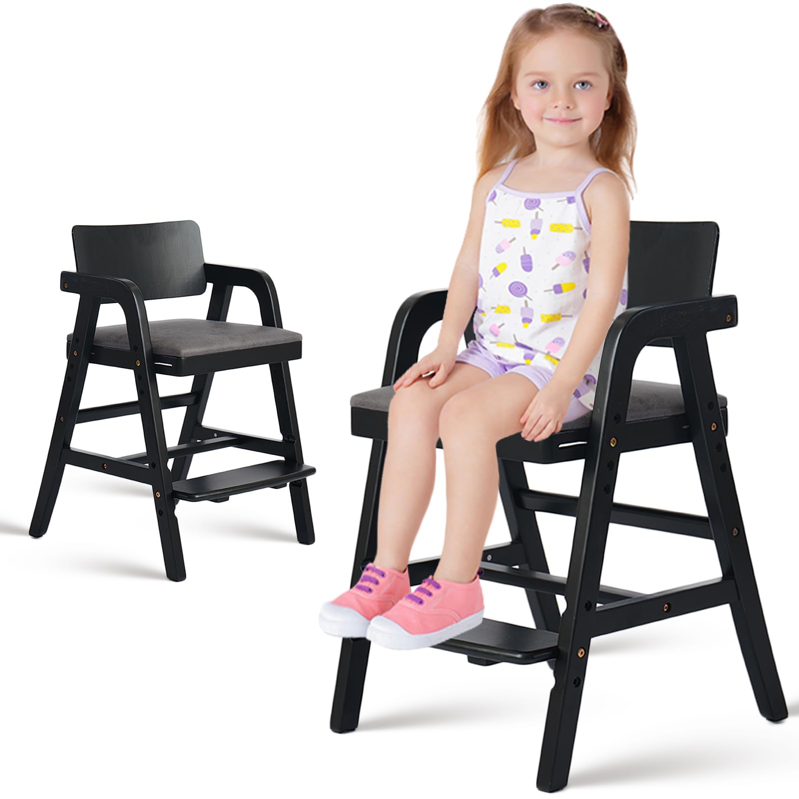 **Adjustable Wooden High Chair for Babies & Toddlers - Kids Dining Chair with Removable Cushion - Safe & Sturdy Toddler Counter Chair for Mealtime, Study & Play (Black)**