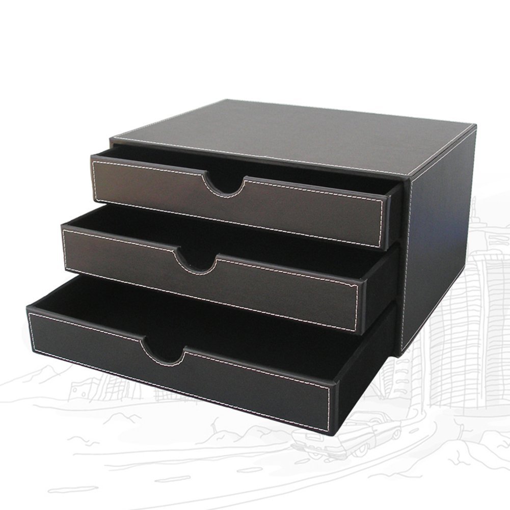 KINGFOM 5-Piece Office Desk Organizer Set - Synthetic Leather File Holder, Drawer Organizer, Pencil Holder, Memo Paper & Tissue Box Holder (T09-Black) - Perfect for Home Office, Workspace & Study Desk Organization