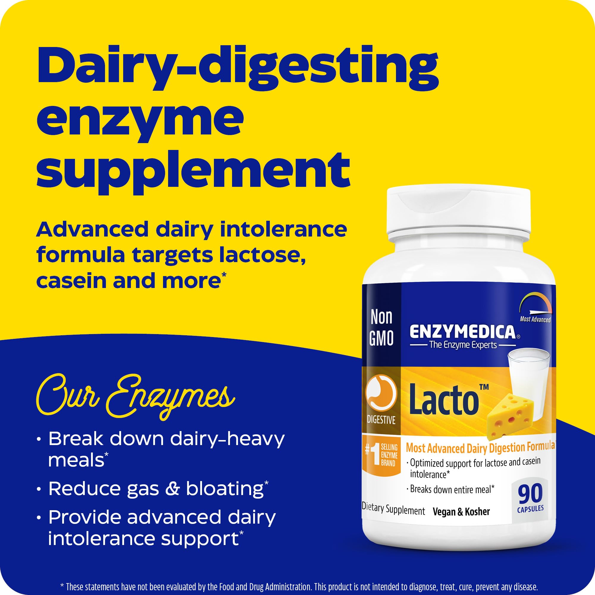 Enzymedica Lacto Digestive Enzyme Supplement - 90 Capsules for Lactose Intolerance Relief | Supports Healthy Digestion for Dairy Products | Perfect for Post-Meal Comfort & Travel