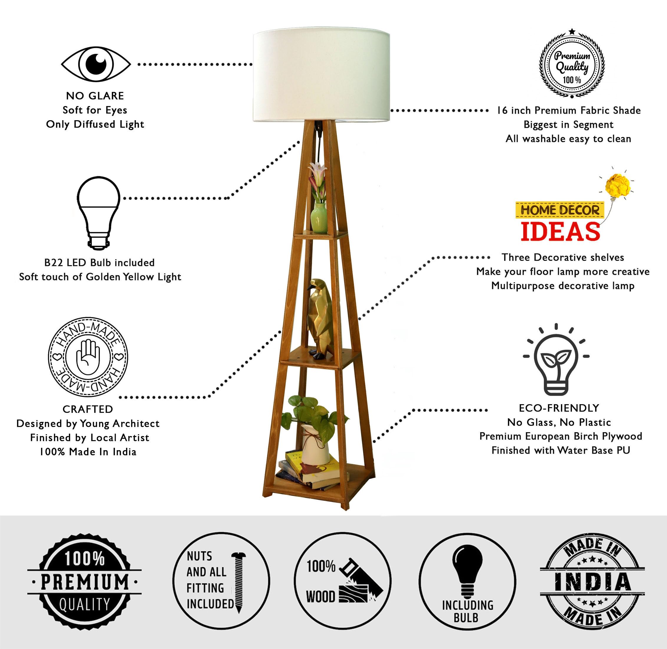 Modern Crosscut Wooden Floor Lamp with Shelf - Cotton White Finish, Includes LED Bulb | Perfect for Living Room, Bedroom & Office Lighting Decor