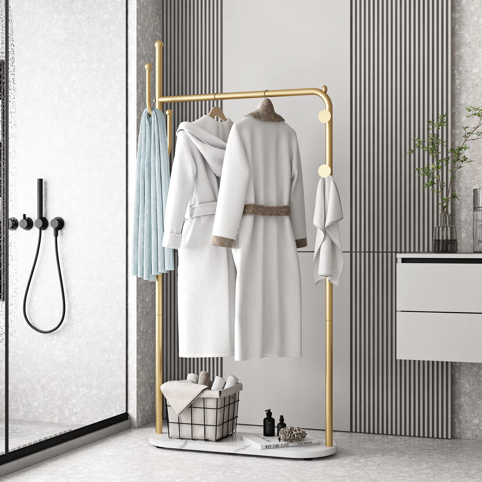 Stylish Gold Clothing Rack with Marble Shelf - Modern Boutique Display Stand for Hanging Clothes | Perfect for Entryway, Hallway, Office or Bedroom Organization & Decor