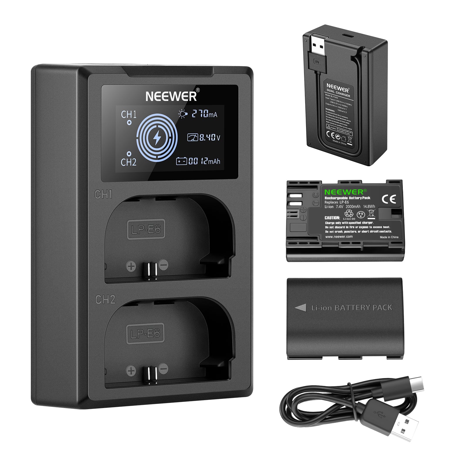 NEEWER 2 Pack LP-E6 2000mAh Replacement Battery & Charger Set for Canon DSLR Cameras - Perfect for Travel, Photography & Extended Shooting Sessions
