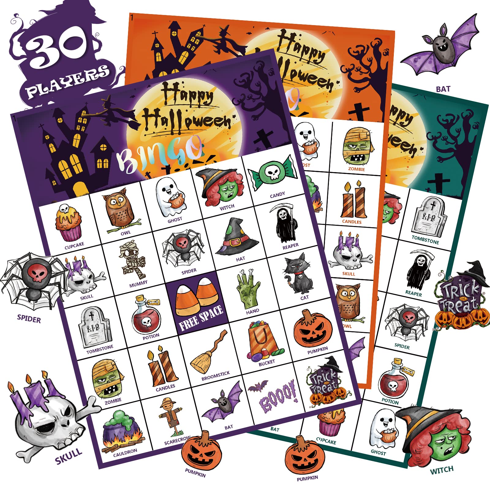 VESPRO 46PCS Halloween Bingo Game Set for 30 Players - Fun Halloween Party Games for Kids, Classroom Activities & Family Gatherings - Perfect for Halloween Parties, School Events and Spooky Game Nights