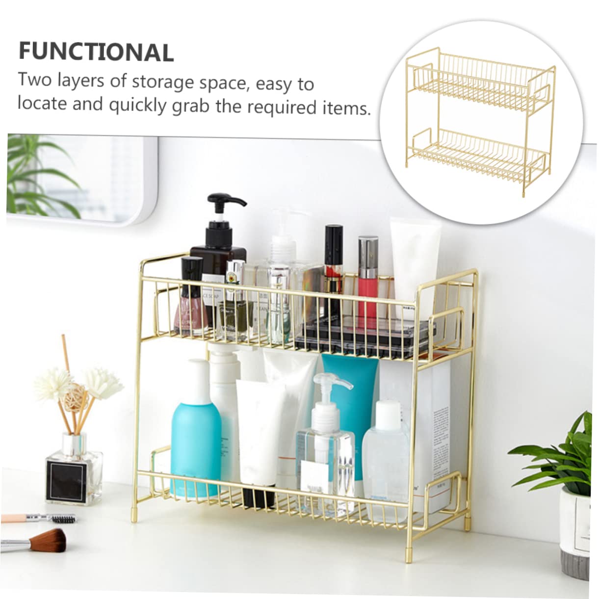 Zerodeko 1-Tier Makeup Organizer Storage Box - Gold Kitchen Shelf, Space Saving Multifunctional Rack for Cosmetics, Spices & Small Items - Perfect for Vanity, Bathroom & Pantry Organization