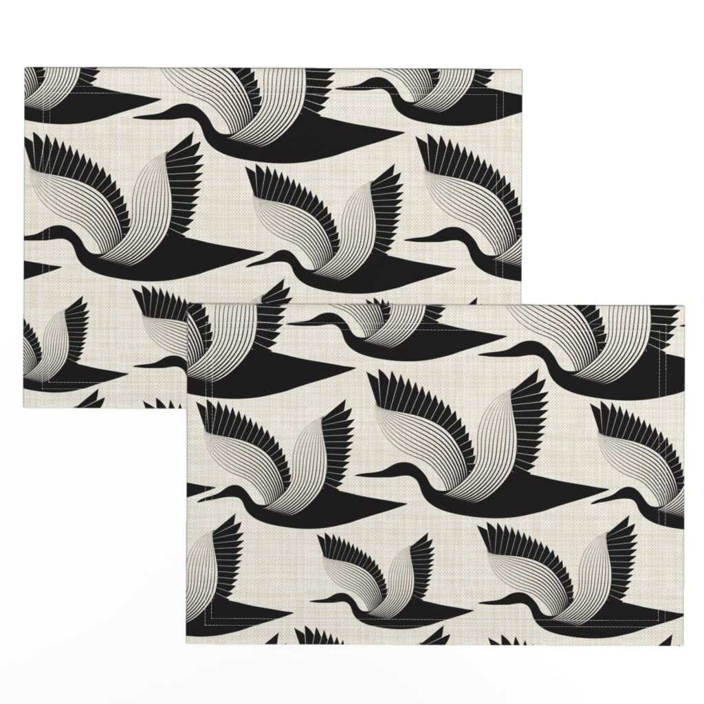 Modern Art Deco Birds Printed Linen Cotton Canvas Placemats (Set of 2) - Washable Table Mats for Dining Room, Kitchen Decor & Dinner Party Accessories