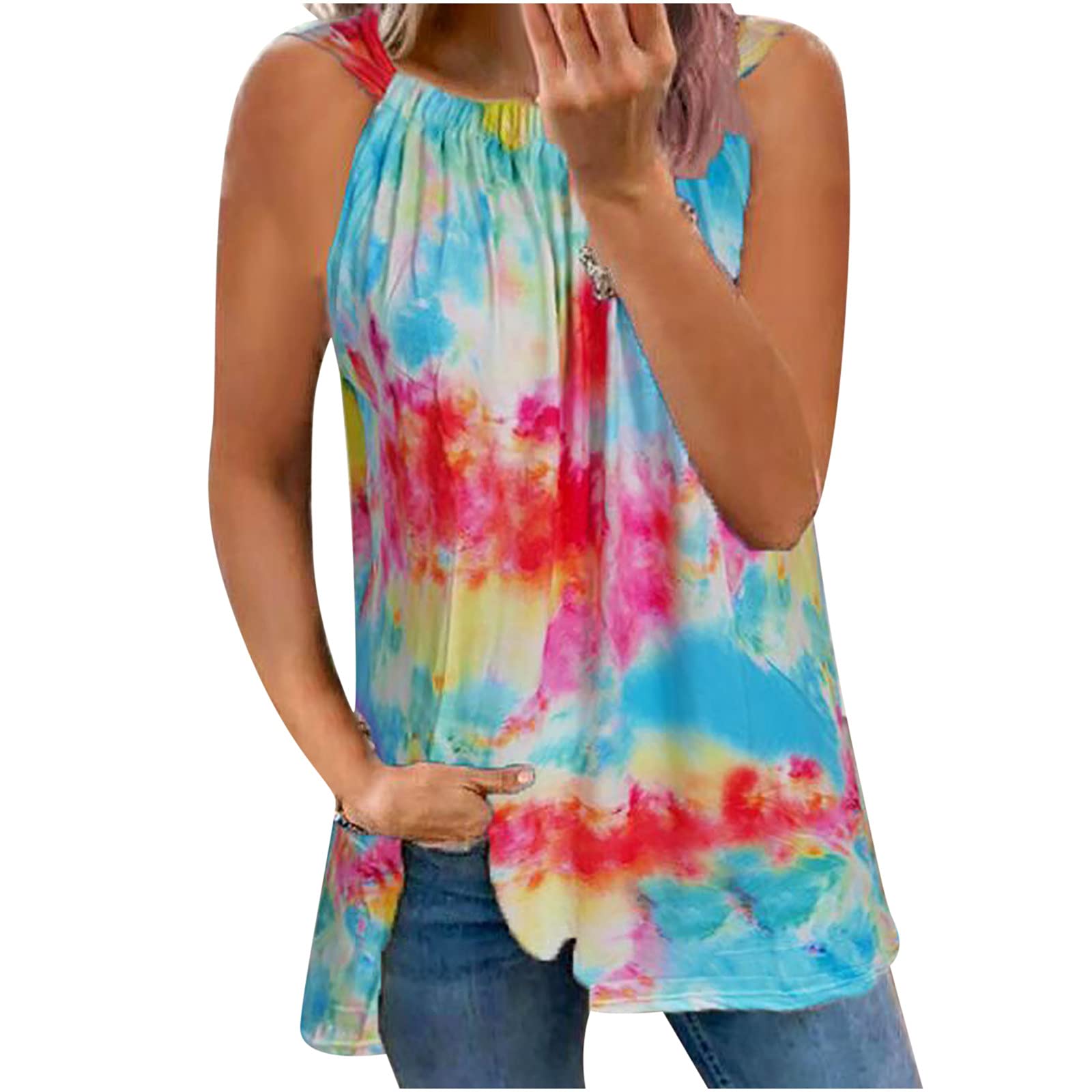 Vintage Tie-Dye Women's Sleeveless Tank Top - Soft Loose Fit O-Neck Pullover Summer T-Shirt for Casual Wear, Beach Outings & Festival Fashion