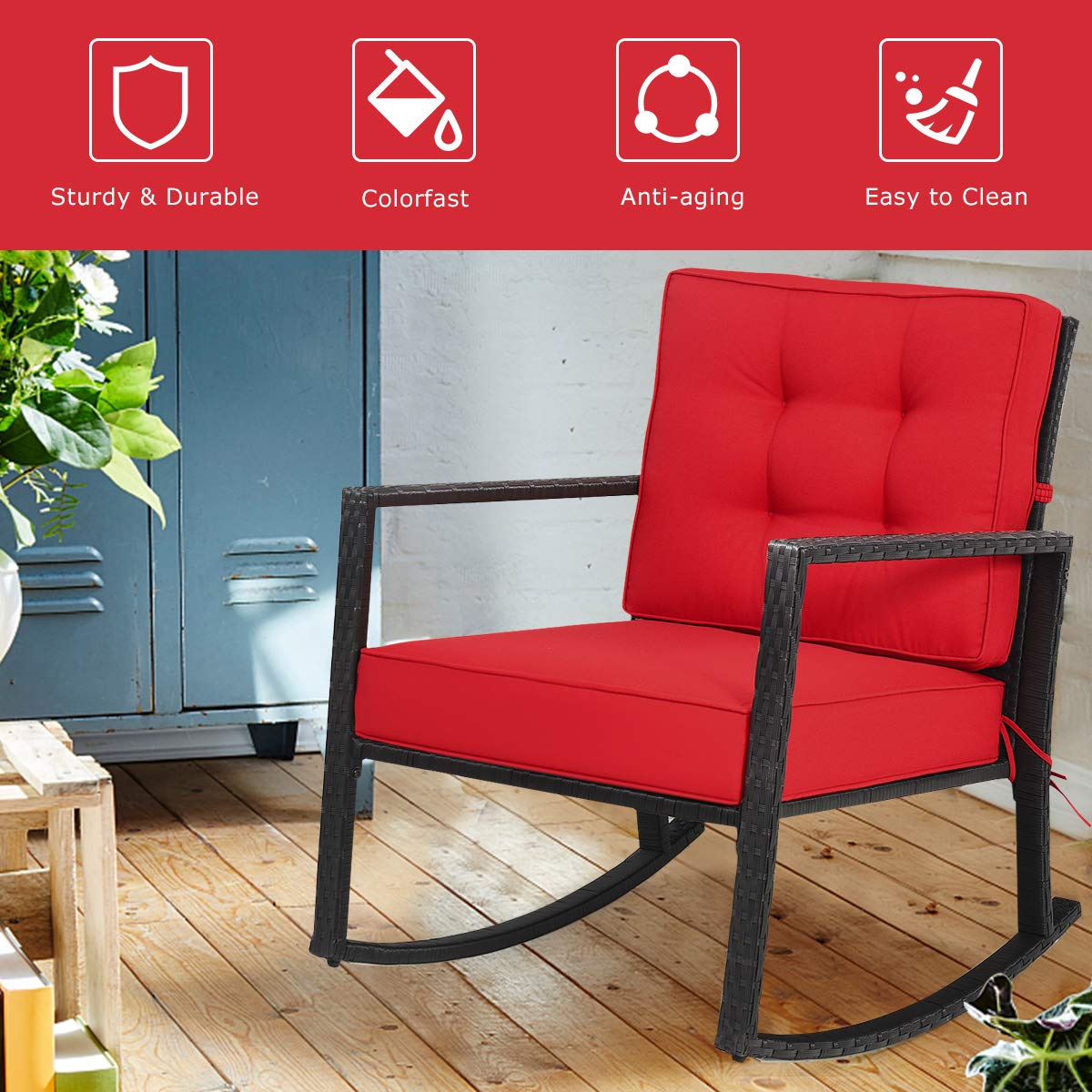 Hysache Patio Rocking Chair - Rattan Wicker Rocking Armchair with Thick Cushion & Sturdy Steel Frame - Outdoor Wicker Furniture for Poolside, Garden, Porch, Backyard (Red) - Perfect for Relaxing, Sunbathing & Outdoor Lounging