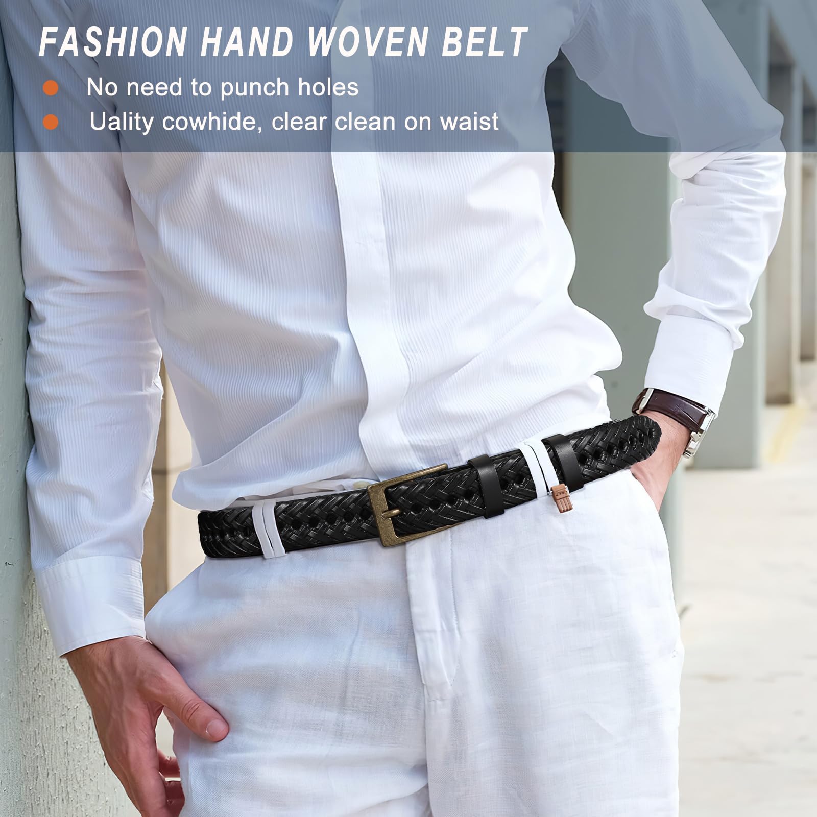 Braided Leather Belt for Men - Handwoven Genuine Leather Belt with Alloy Buckle - Casual, Jeans & Golf Wear - Perfect Gift for Him - Ideal for Office, Outdoor & Daily Use
