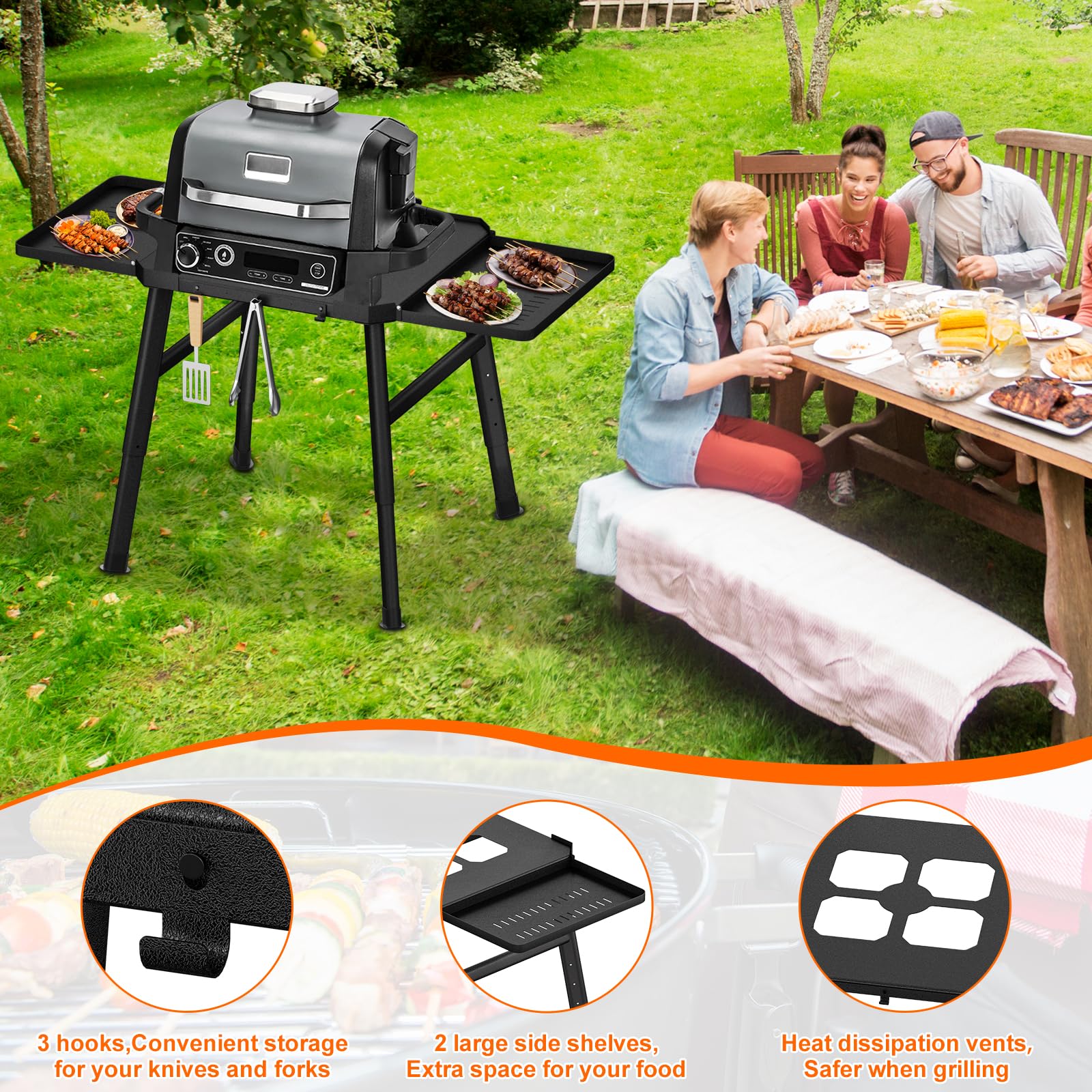 **Outdoor Grill Table Stand for Ninja OG & OO Series – Heavy Duty Steel Portable Grill Stand with Adjustable Height, Side Shelf & Utensil Holder – Perfect for Backyard BBQs, Camping & Tailgating**