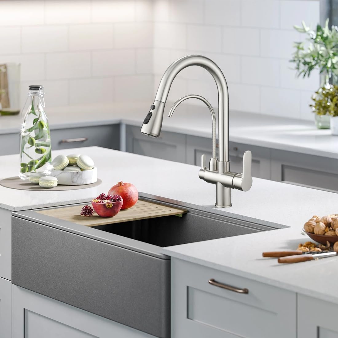 2-Handle Brushed Nickel Kitchen Sink Faucet with Pull-Down Sprayer & 3-in-1 Water Filter Purifier (Model 0195SN) - Perfect for Modern Kitchens, Dishwashing, and Clean Drinking Water