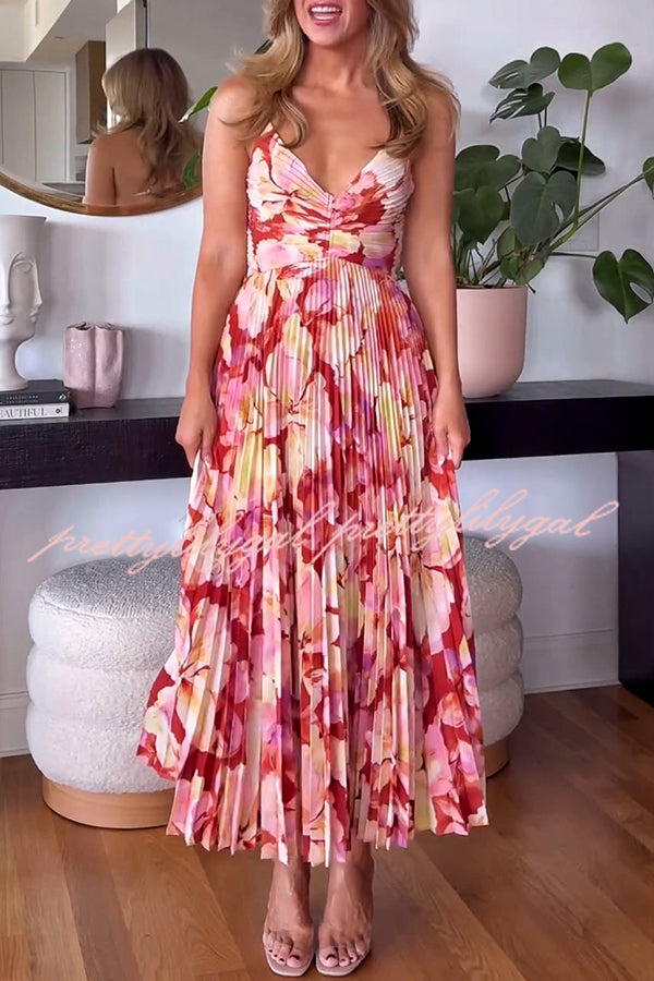 Floral Print Pleated Midi Dress with Back Tie Detail - Perfect for Wedding Parties, Bridal Showers & Summer Events