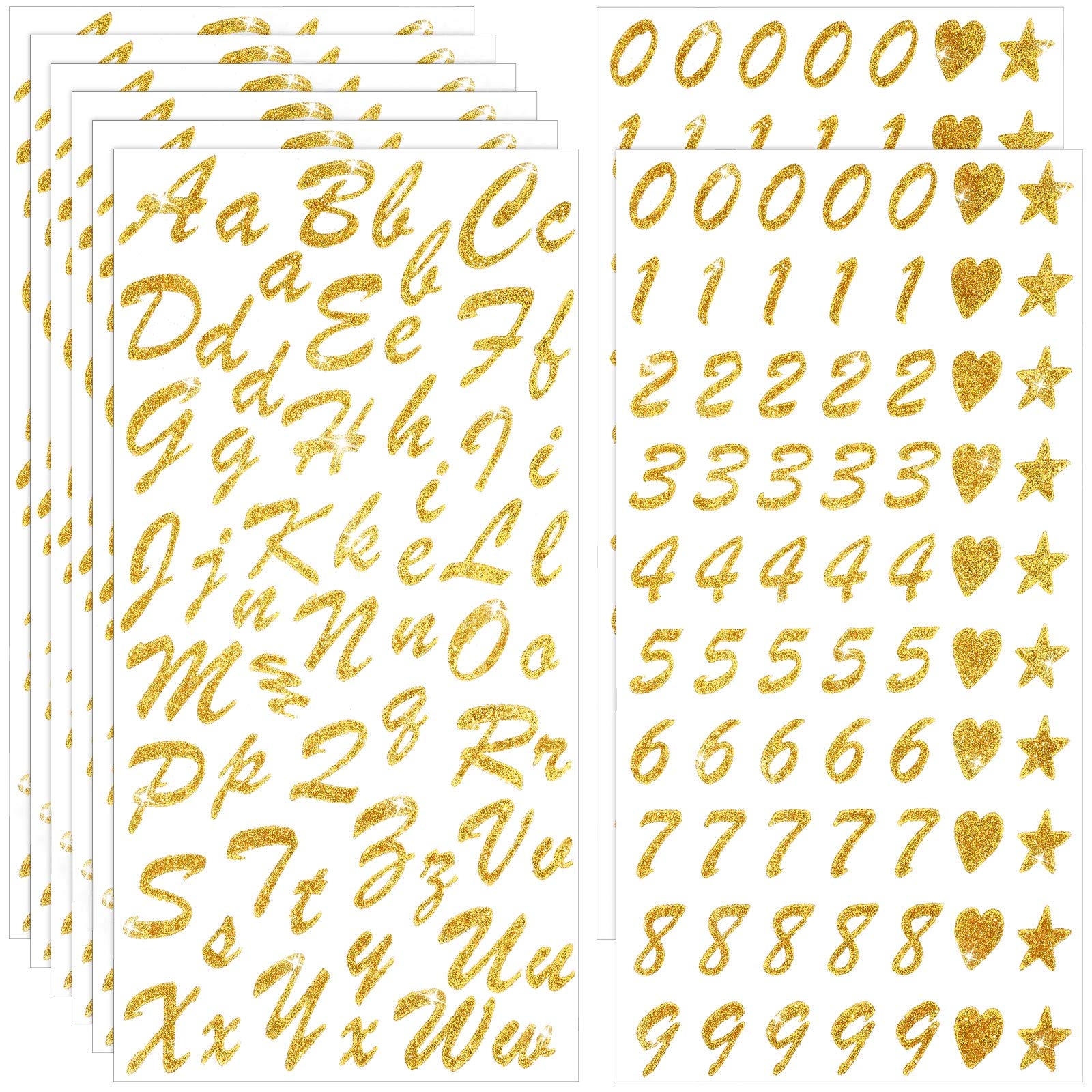 8 Sheets Gold Glitter Cursive Alphabet & Number Stickers - Self-Adhesive Letter Stickers for Graduation Cap Decoration, DIY Scrapbooking, Journaling, and Craft Projects - Perfect for Party Decor, School Projects, and Gift Wrapping