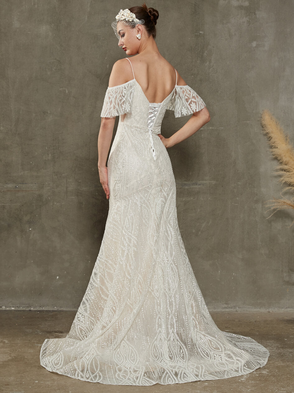 Sparkling Convertible Off-Shoulder Mermaid Wedding Dress with Detachable Train - Elegant Bridal Gown for Beach, Church & Formal Weddings
