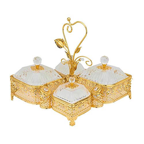 WORLD GIFTS Elegant Filigree Gold Frame Sectional Serving Tray with 4 Removable Ceramic Dip Bowls - Perfect for Desserts, Snacks, Cheese Platters & Entertaining | Jeweled Accents for Parties, Weddings & Home Decor