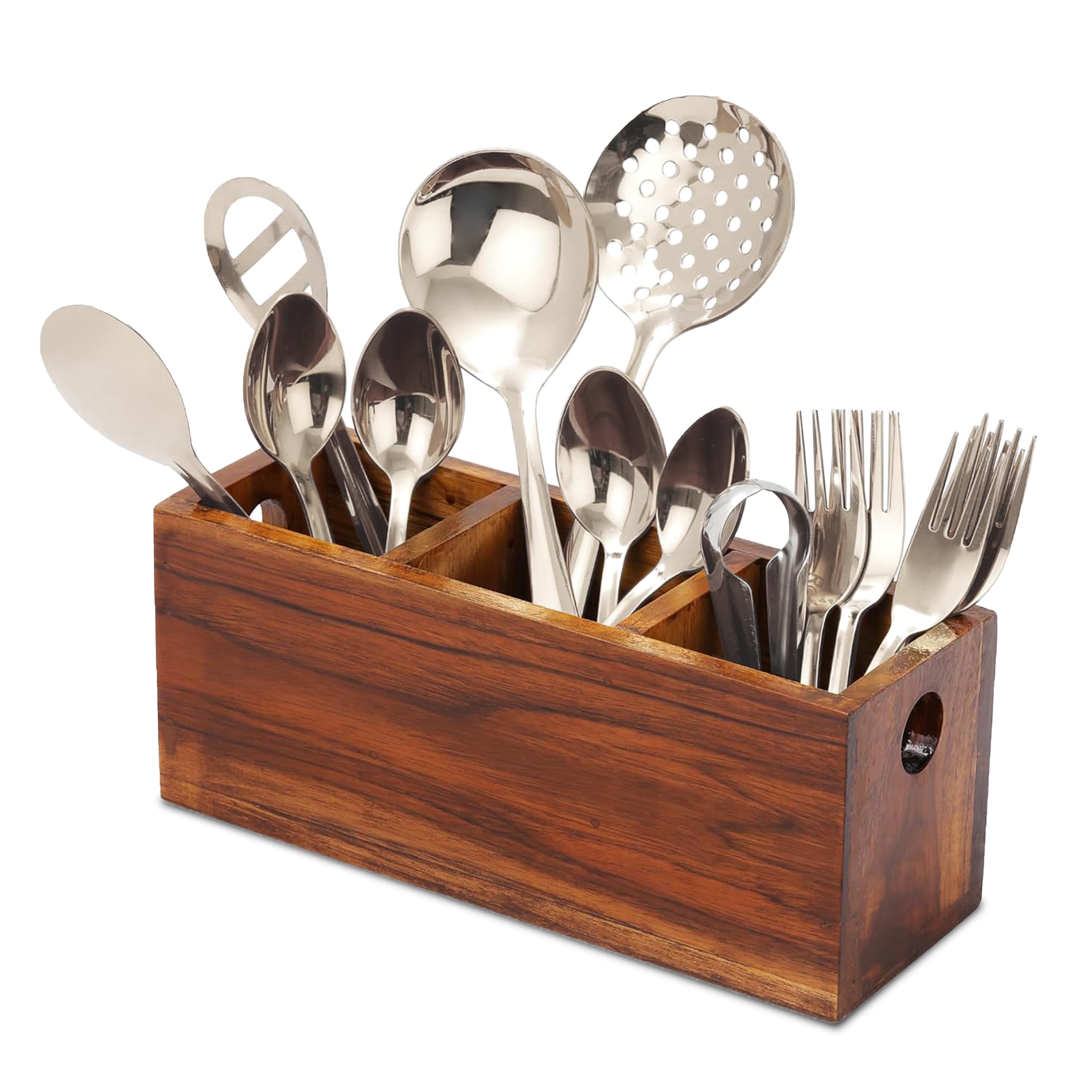 Premium Teak Wood Cutlery Holder for Kitchen, Dining Table & Hotel - 3 Compartment Organizer | Stylish & Durable Utensil Storage for Home & Restaurant Use