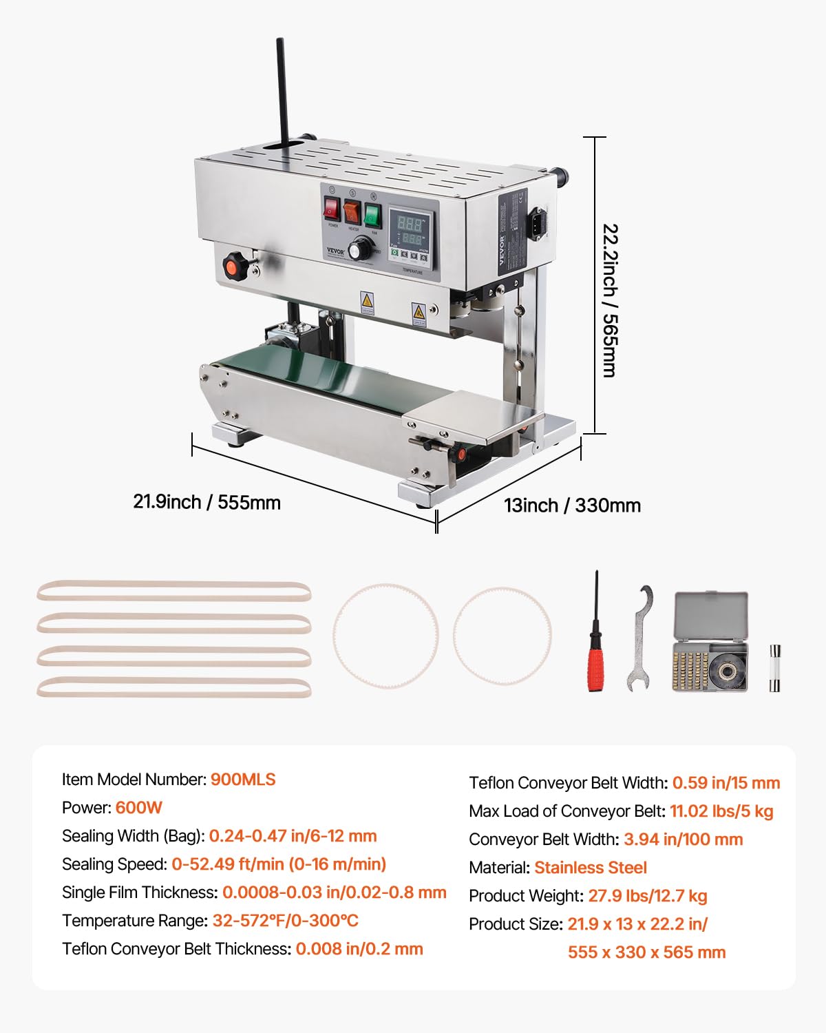 VEVOR Continuous Bag Band Sealing Machine - 6-12mm Seal Width, Digital Temperature Control, Stainless Steel Vertical Sealer for 0.02-0.8mm Plastic Bags & Films - Perfect for Food Packaging, Retail & Industrial Use