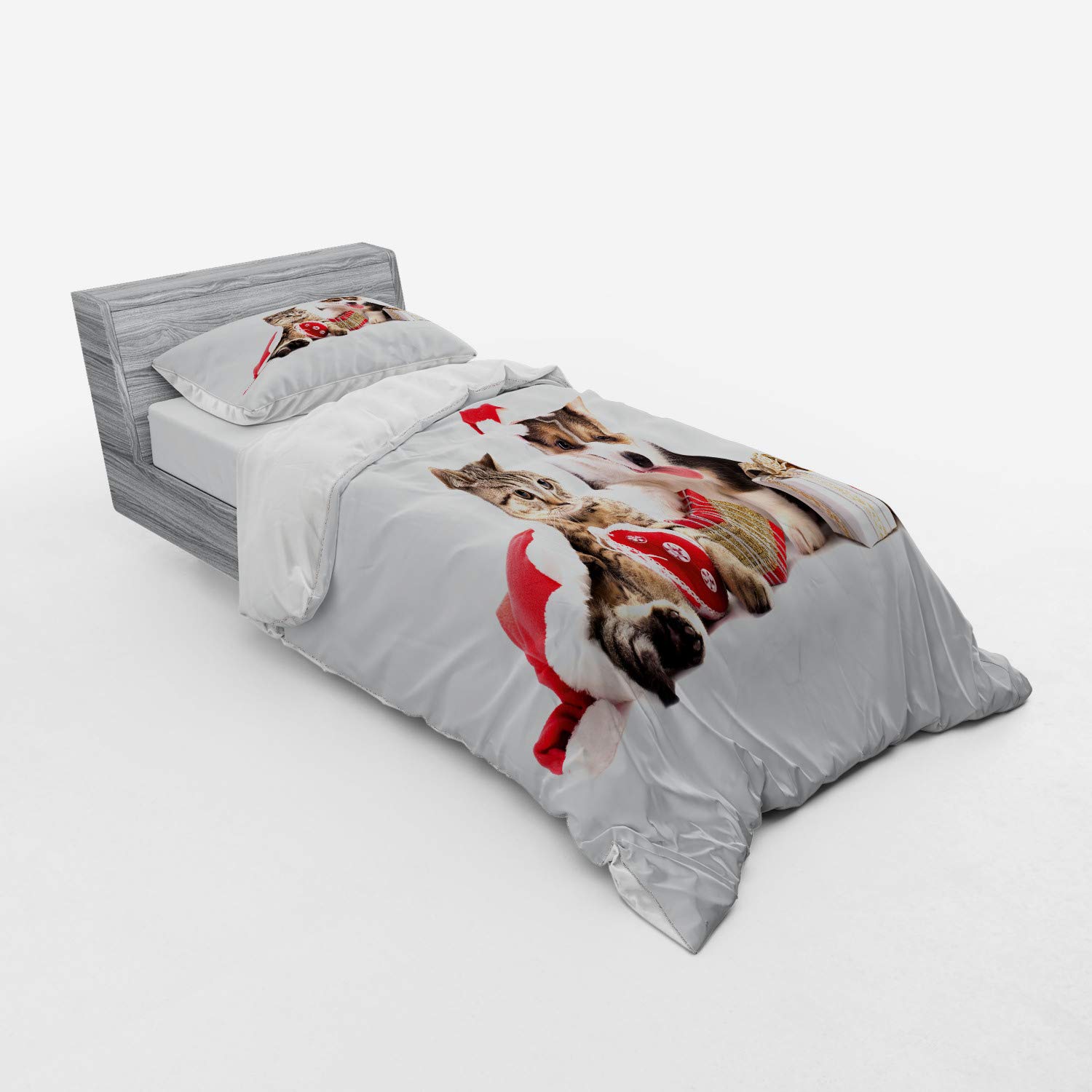 Ambesonne Christmas Duvet Cover Set - Festive Dog and Cat in Santa Hats with Gift Boxes Holiday Design, 3-Piece Bedding Set Includes Sham & Fitted Sheet, Twin Size, Red White Brown - Perfect for Christmas Decorations, Bedroom Makeover, and Cozy Winter Nights