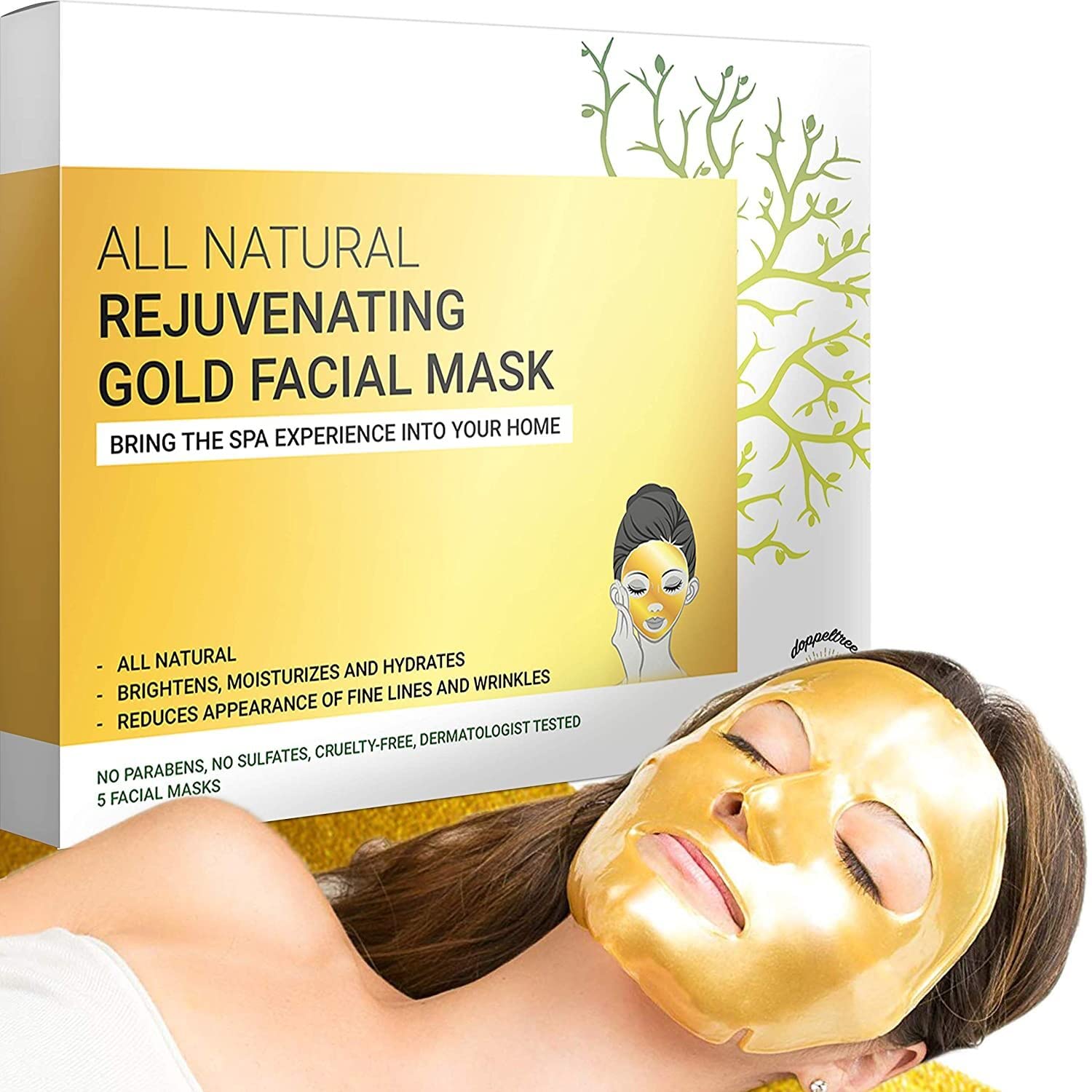 Doppeltree 24K Gold Hydrogel Facial Mask - Hydrating & Anti-Aging Sheet Mask with Collagen & Hyaluronic Acid for Skin Care & Beauty | Perfect for Spa Night, Self-Care Routine & Gift Giving