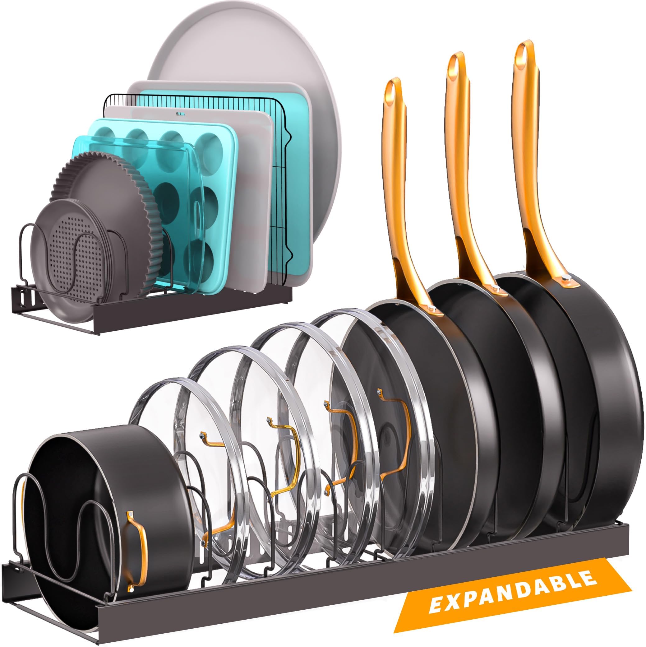 Norcalway Adjustable Bakeware Organizer - 11 Dividers Under Cabinet Storage for Cookie Sheets, Baking Pans & Pot Lids | Space-Saving Kitchen Cabinet Organizer for Baking Supplies & Cookware Accessories | Perfect for Small Kitchens & Organized Home Cooks