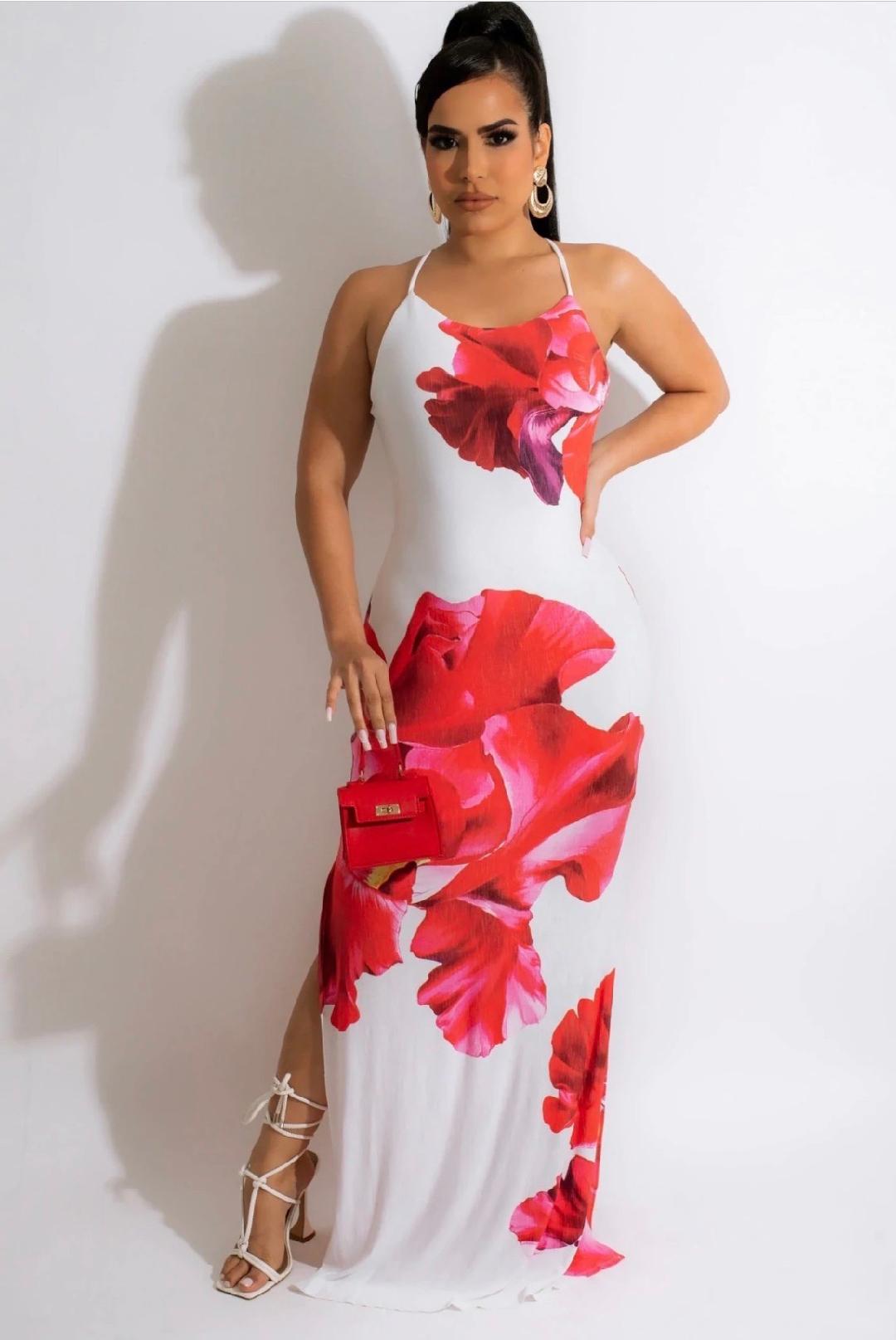 Elegant White Red Rose Print Strappy Maxi Dress for Women - Perfect for Summer Weddings, Beach Vacations & Evening Parties