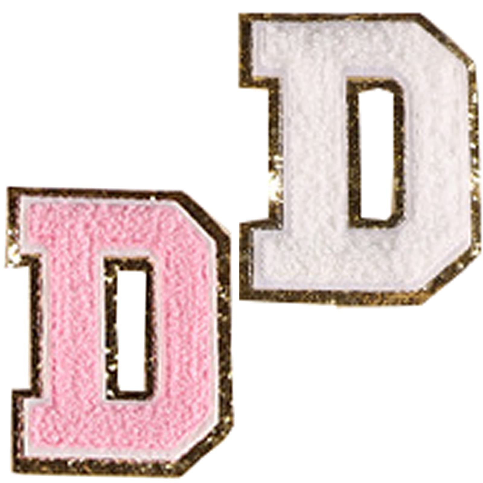 Gold Glitter Iron-On Letter Patches - Varsity Initial Patches with Adhesive Back (Pink & White, 2PCS) - Perfect for Jackets, Backpacks, Jeans & DIY Fashion Customization