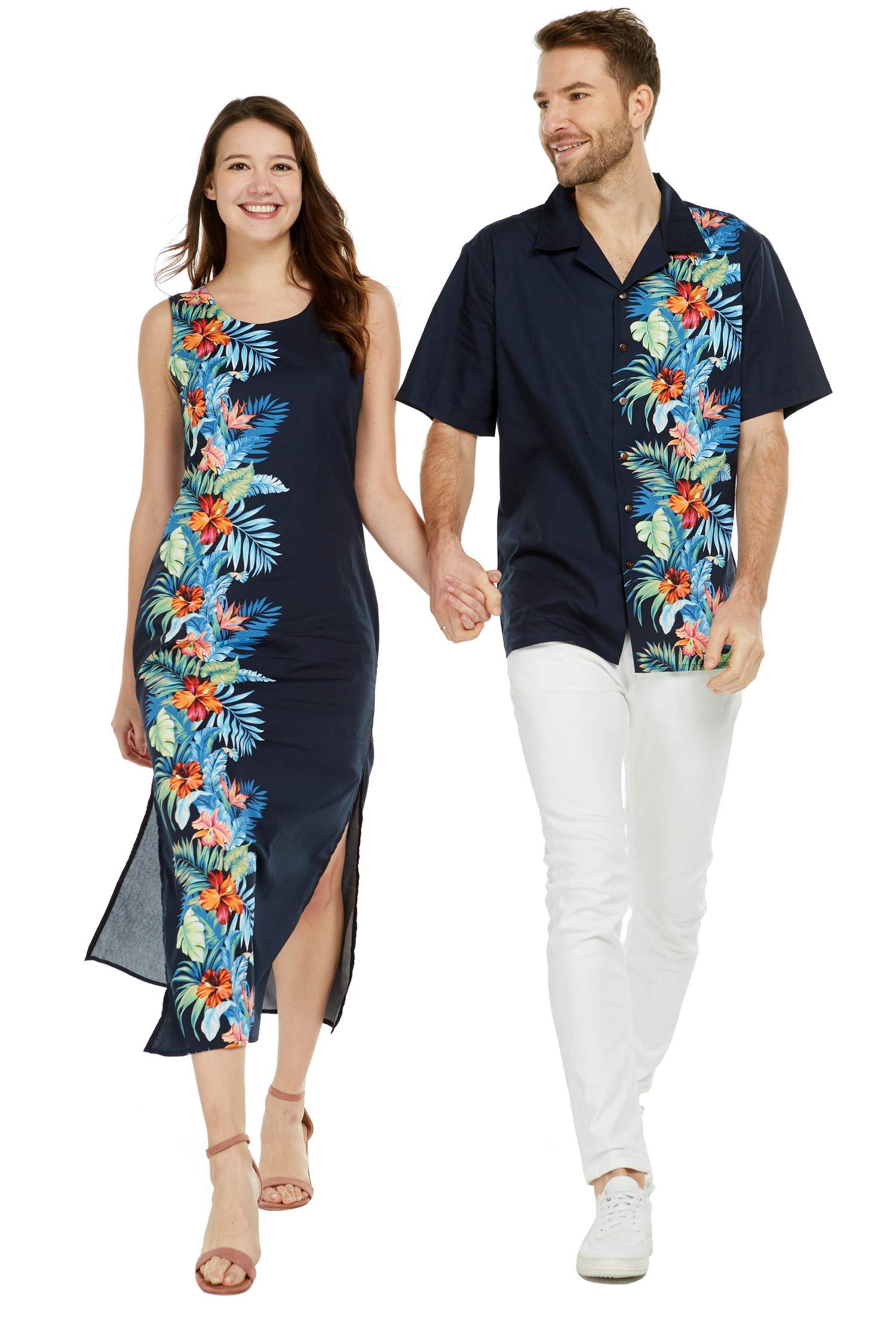 **Couple Matching Luau Aloha Shirt & Maxi Tank Dress - Orchid Paradise Navy - Perfect for Beach Vacations, Hawaiian Parties, and Summer Getaways**