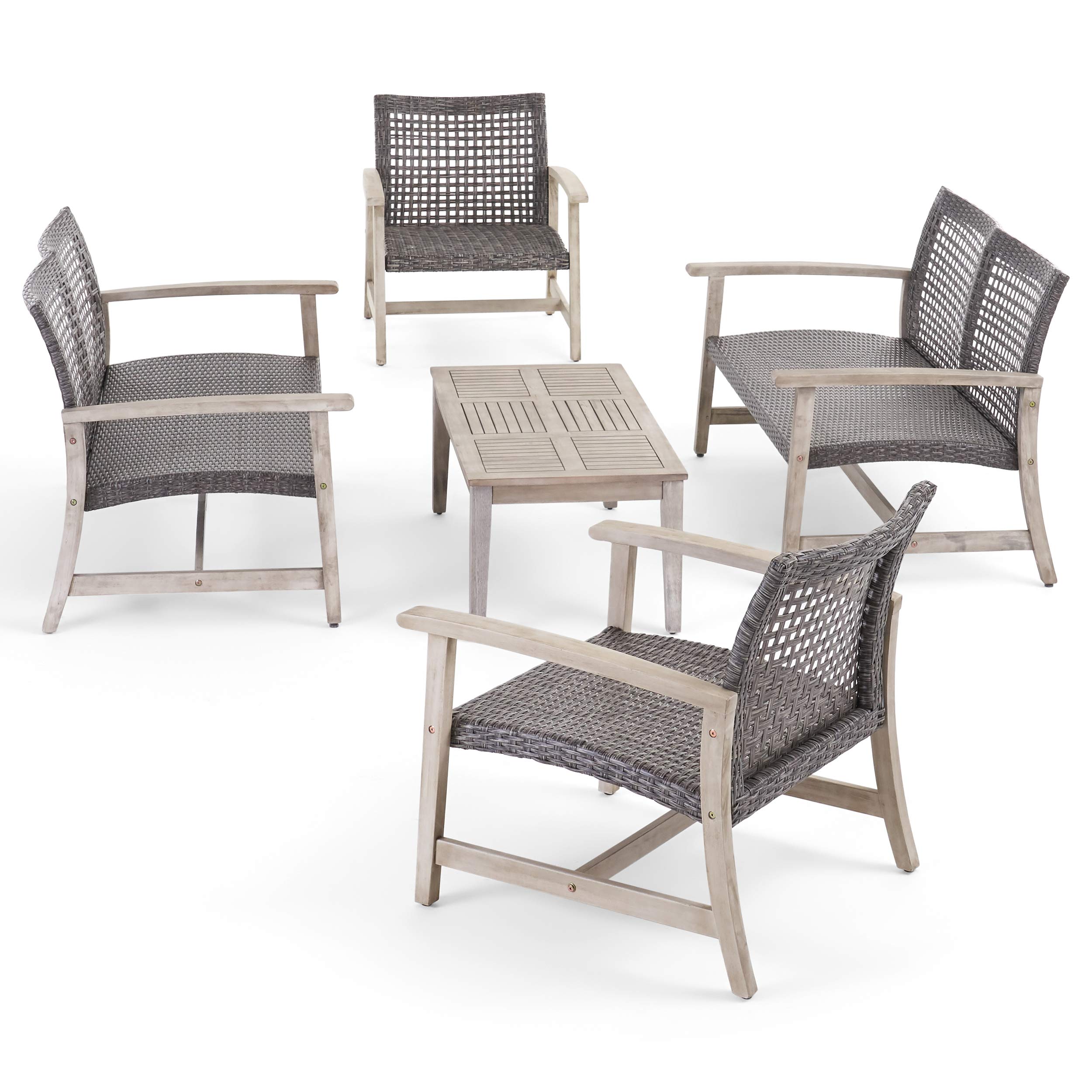 GDFStudio 5-Piece Outdoor Wood and Wicker Loveseat Chat Set in Black - Patio Furniture for Garden, Deck, and Backyard Relaxation