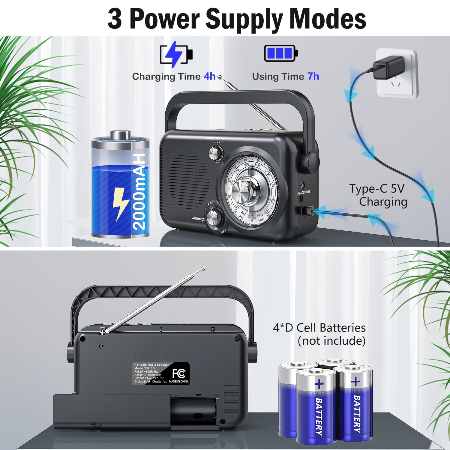 Portable AM FM Radio with Bluetooth, 2000mAh Rechargeable Battery, Best Reception, Supports SD Card & USB MP3 Player, Loud Speaker - Perfect for Camping, Emergencies, and Outdoor Activities