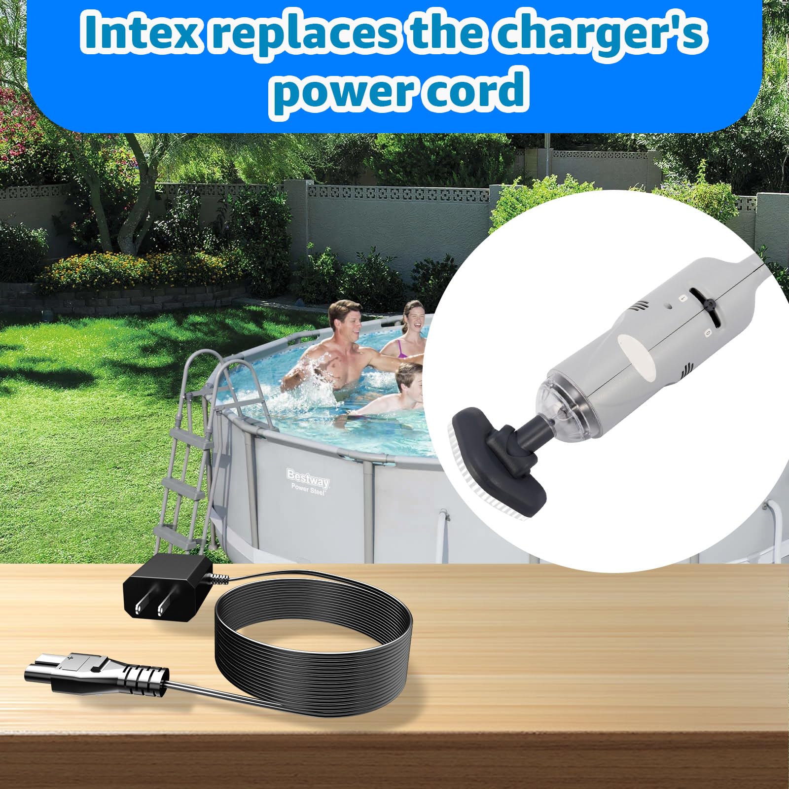 Intex 28620EP CL1704 Handheld Pool Vacuum Replacement Charger - 2 Prong AC Power Adapter for CL1704 Pool Cleaner | Perfect for In-Ground & Above Ground Pool Maintenance