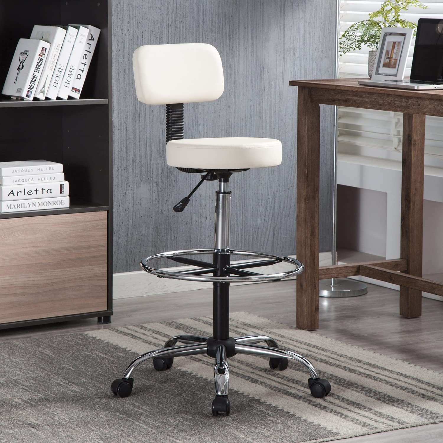 Adjustable Height Rolling Shop Stool with Backrest & Footrest - Ergonomic Office Chair for Computer Work, Studio, Workshop, Classroom, Lab, Counter & Home Office - Cream Color (Perfect for Extended Sitting Comfort in Workstations & Creative Spaces)
