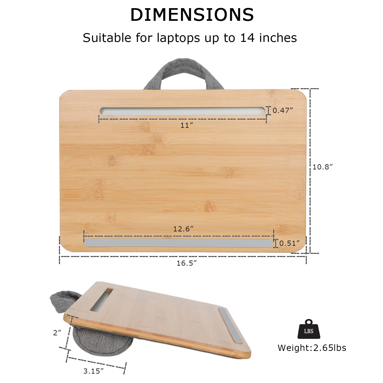 Portable Bamboo Laptop Lap Desk with Cushion & Phone Holder - Lightweight Laptop Stand for Sofa/Bed/Couch (Fits Up to 14