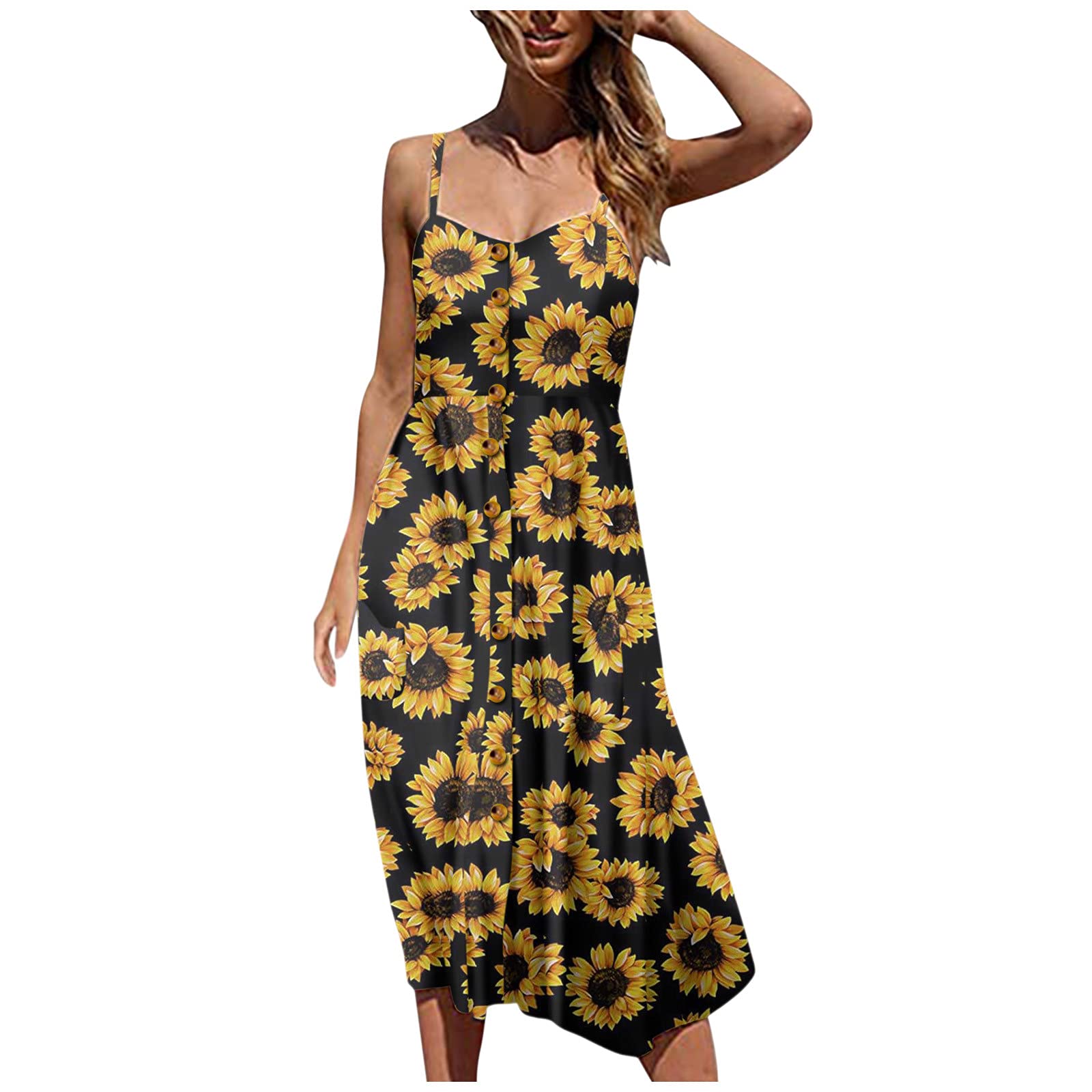 Bohemian Floral Print Button Down Swing Midi Dress with Pockets for Women - Summer Casual Flowy Dress (Black, XXL) | Perfect for Beach Vacations, Date Nights & Outdoor Music Festivals