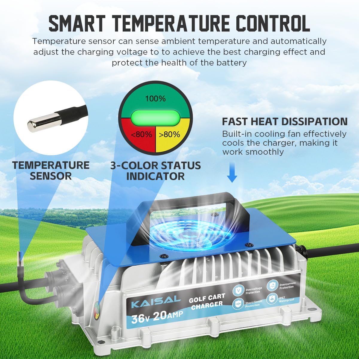36V 20A EZGO Golf Cart Battery Charger - 1250W IP67 Waterproof with 16FT Cable - Fast 4-6 Hour Charge for EZGO TXT D-Plug & Lead-Acid Batteries - Perfect for Golf Courses, Resorts & Private Golf Cart Maintenance