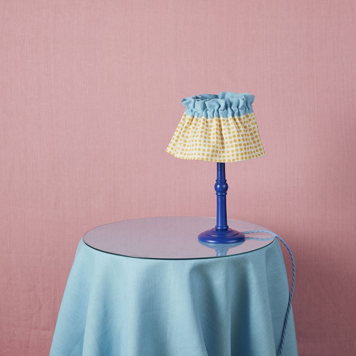Flirty Skirt Seed Lampshade with Sky Blue Trim - Perfect for Bedroom, Nursery, and Boho Home Decor