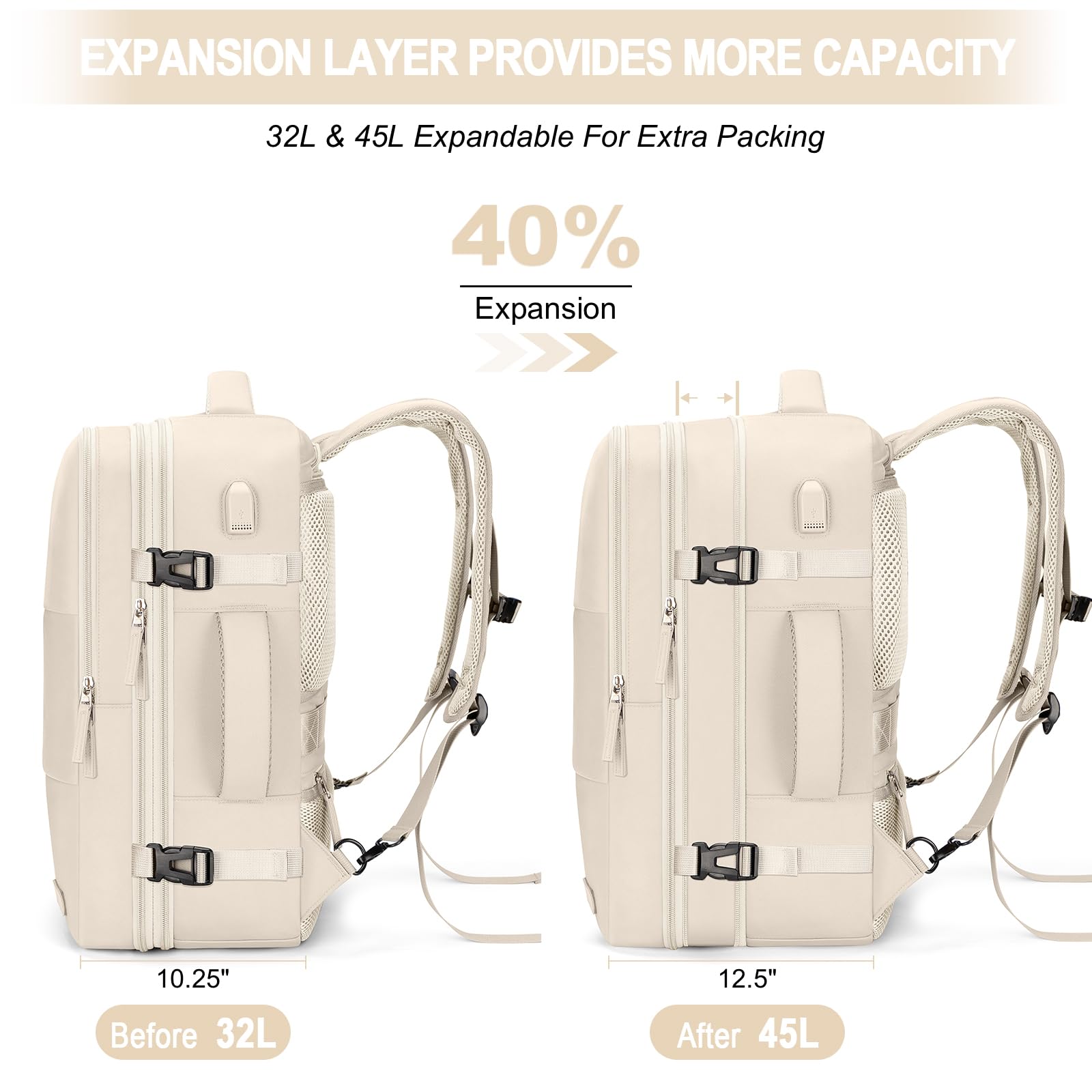 **Extra Large Expandable Carry On Backpack - TSA Approved Water Resistant Lightweight Travel Backpack for Men & Women - Perfect for Airplane, Weekender & Day Trips (Beige with 4 Packing Cubes Included)**