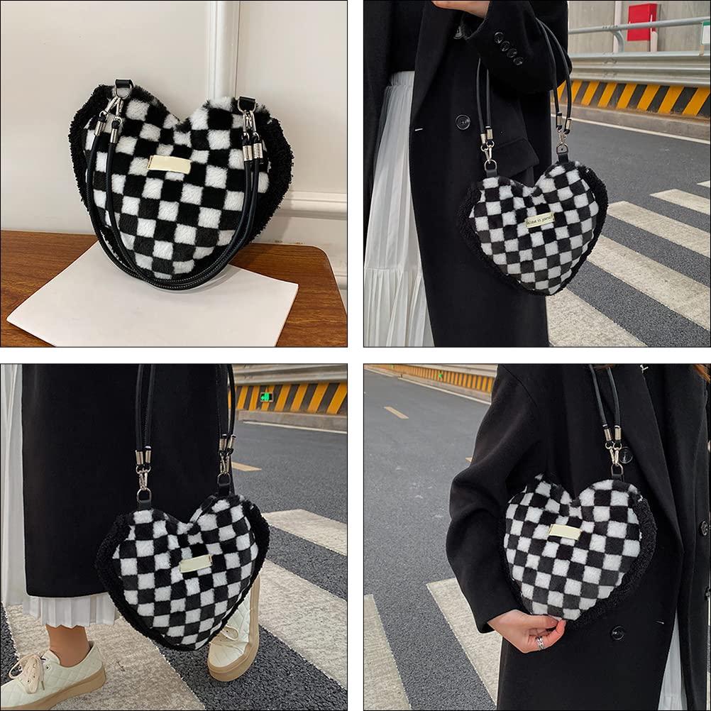 LUOZZY Lattice Pattern Plush Tote Bag - Fashionable Women's Shoulder Bag & Crossbody Purse in Black & White Checkered Print | Perfect for Work, Shopping & Travel Accessories